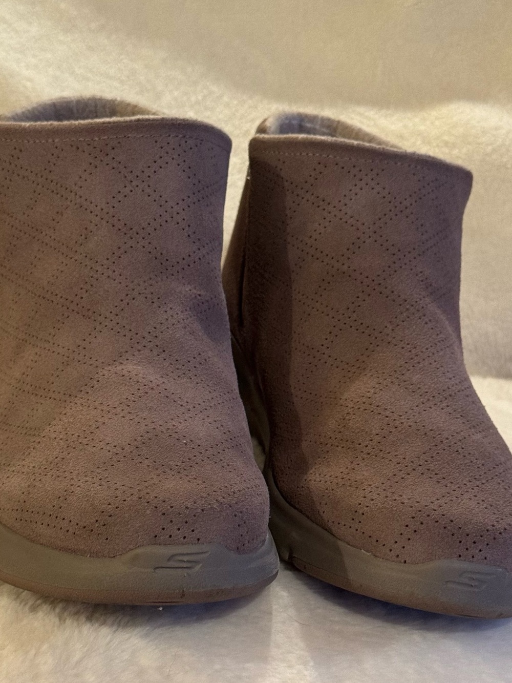 Skechers Taupe Perforated Suede Slip-On Wedge Booties